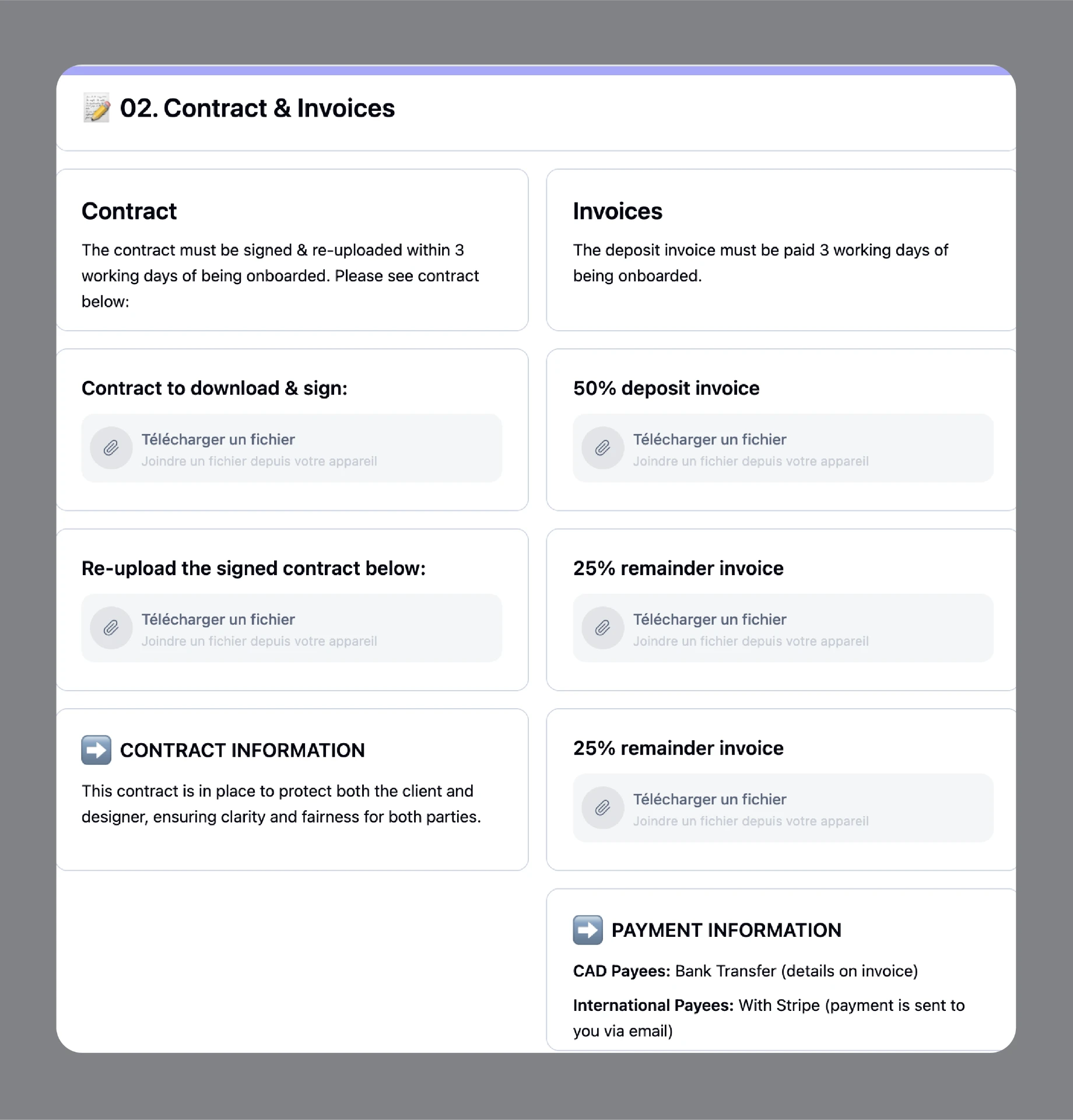 Contract and invoices section of the client portal