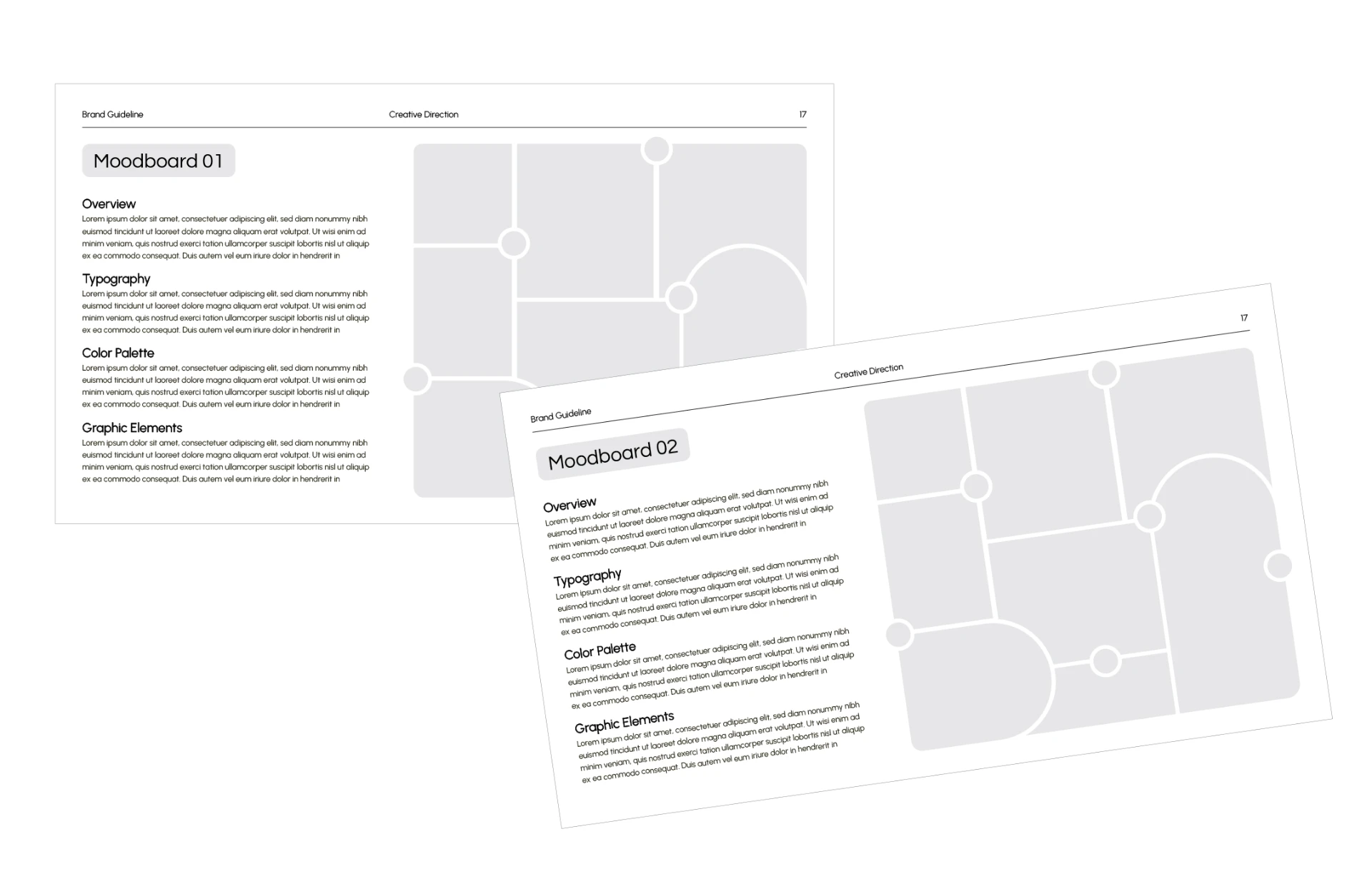 Moodboard template pages with references, colour and typography
