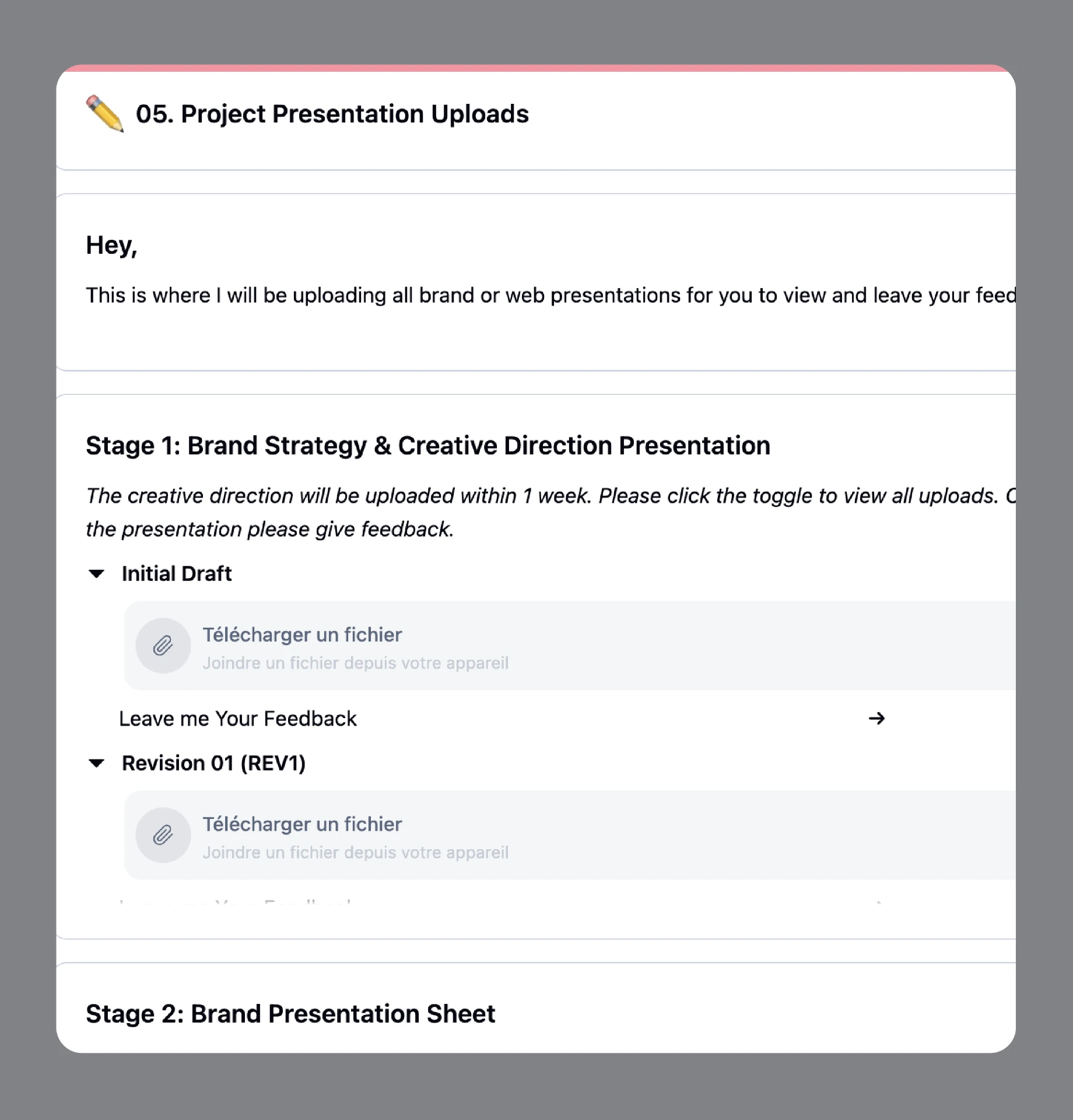 Project presentation uploads with drafts and revisions in the portal