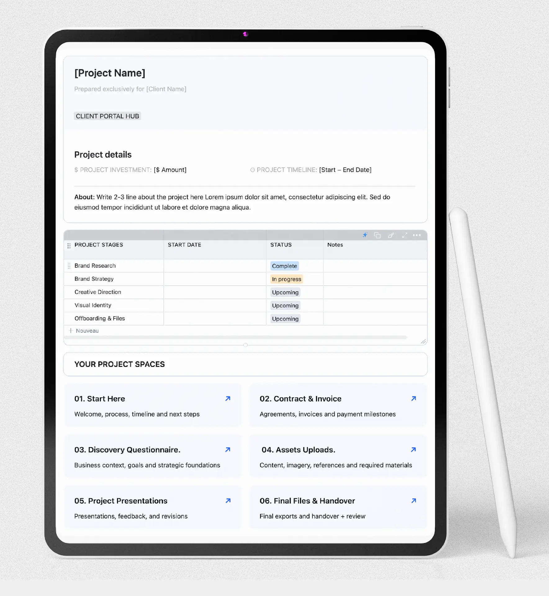 Client portal hub on a tablet showing project details, stage progress and project spaces