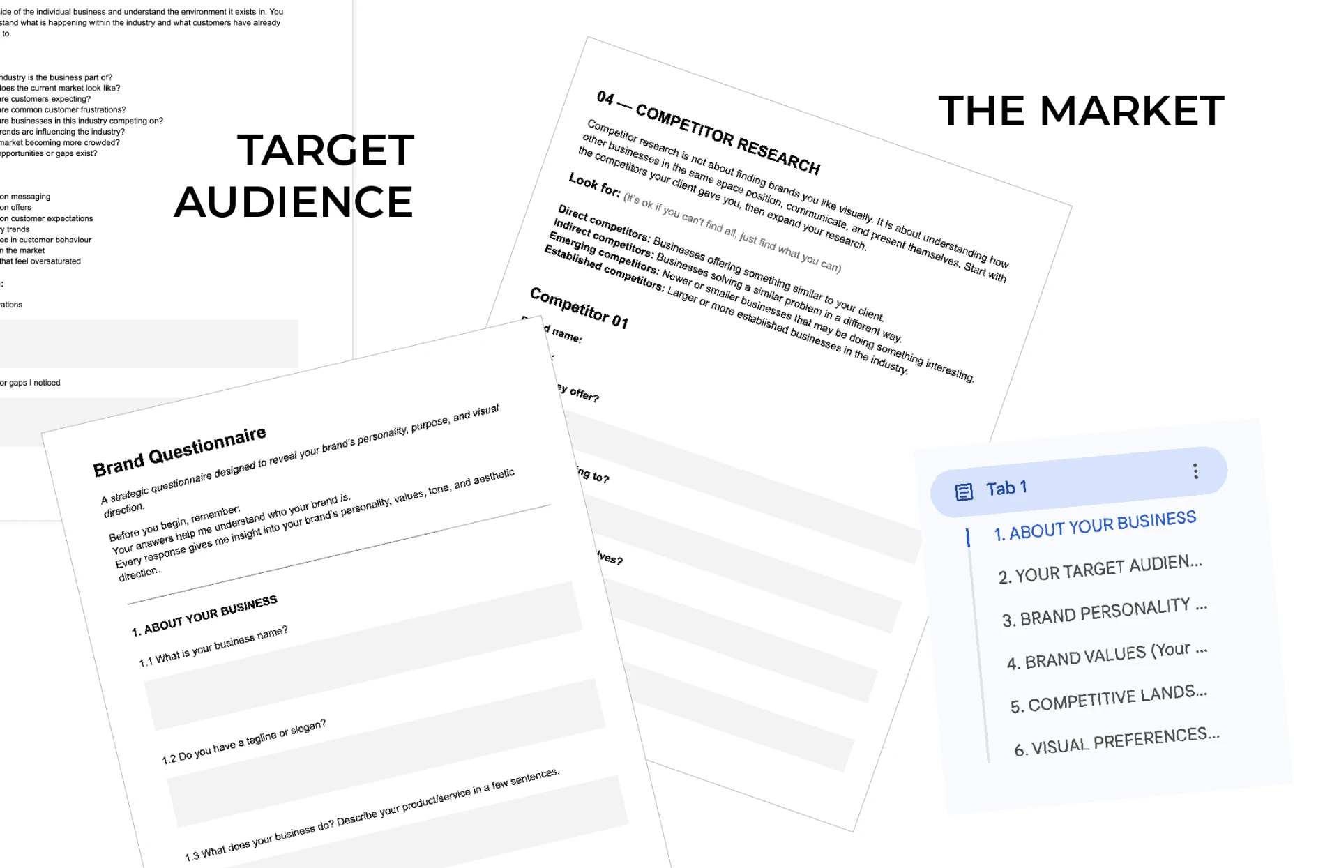 Brand questionnaire and competitor research document pages