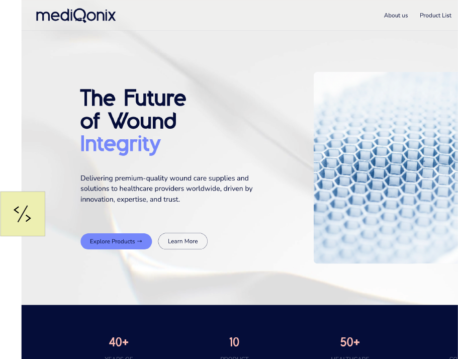 A website in practice: the mediQonix landing page with its hero section and stats bar