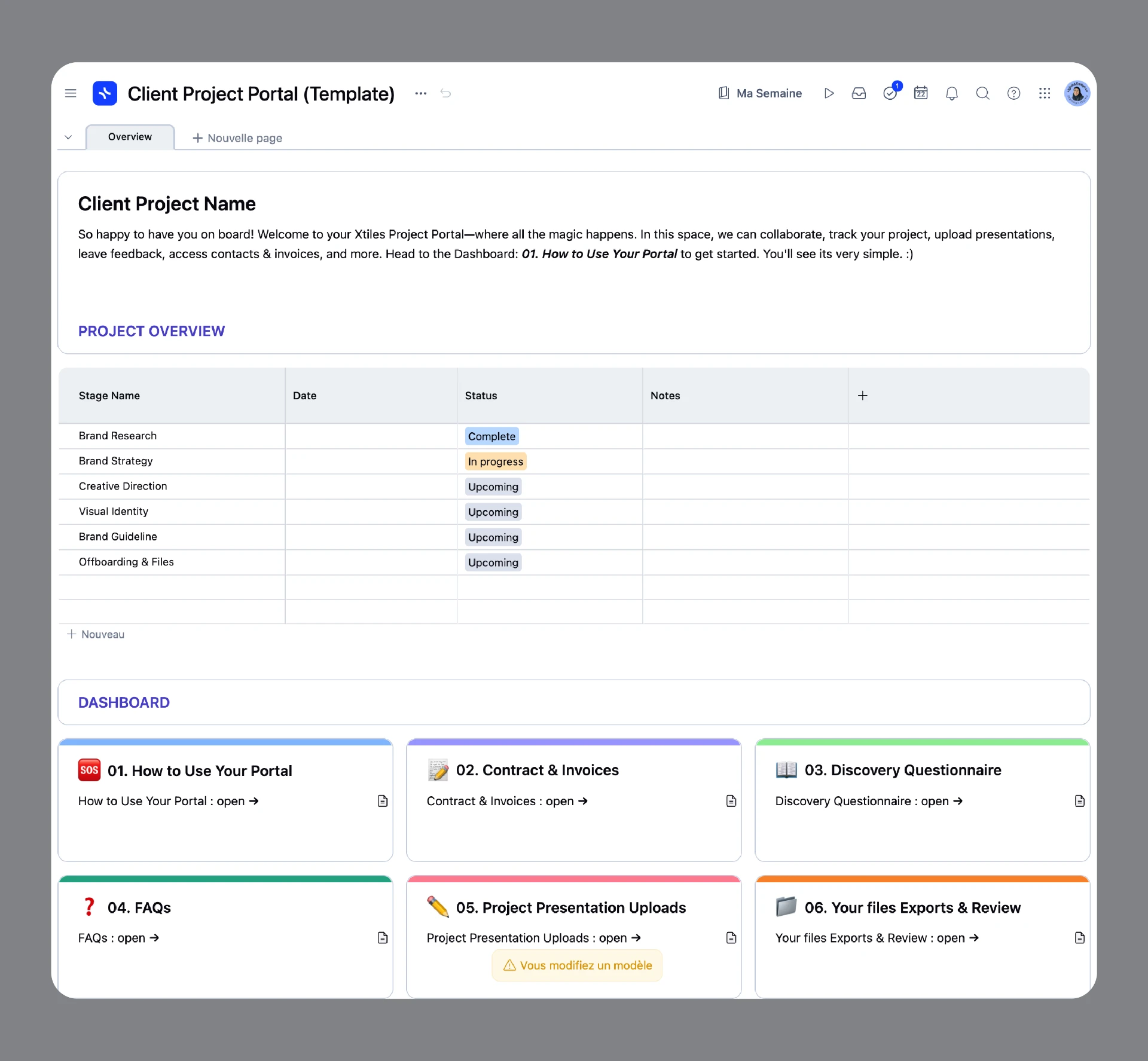 Full client portal page with the project overview table and dashboard sections