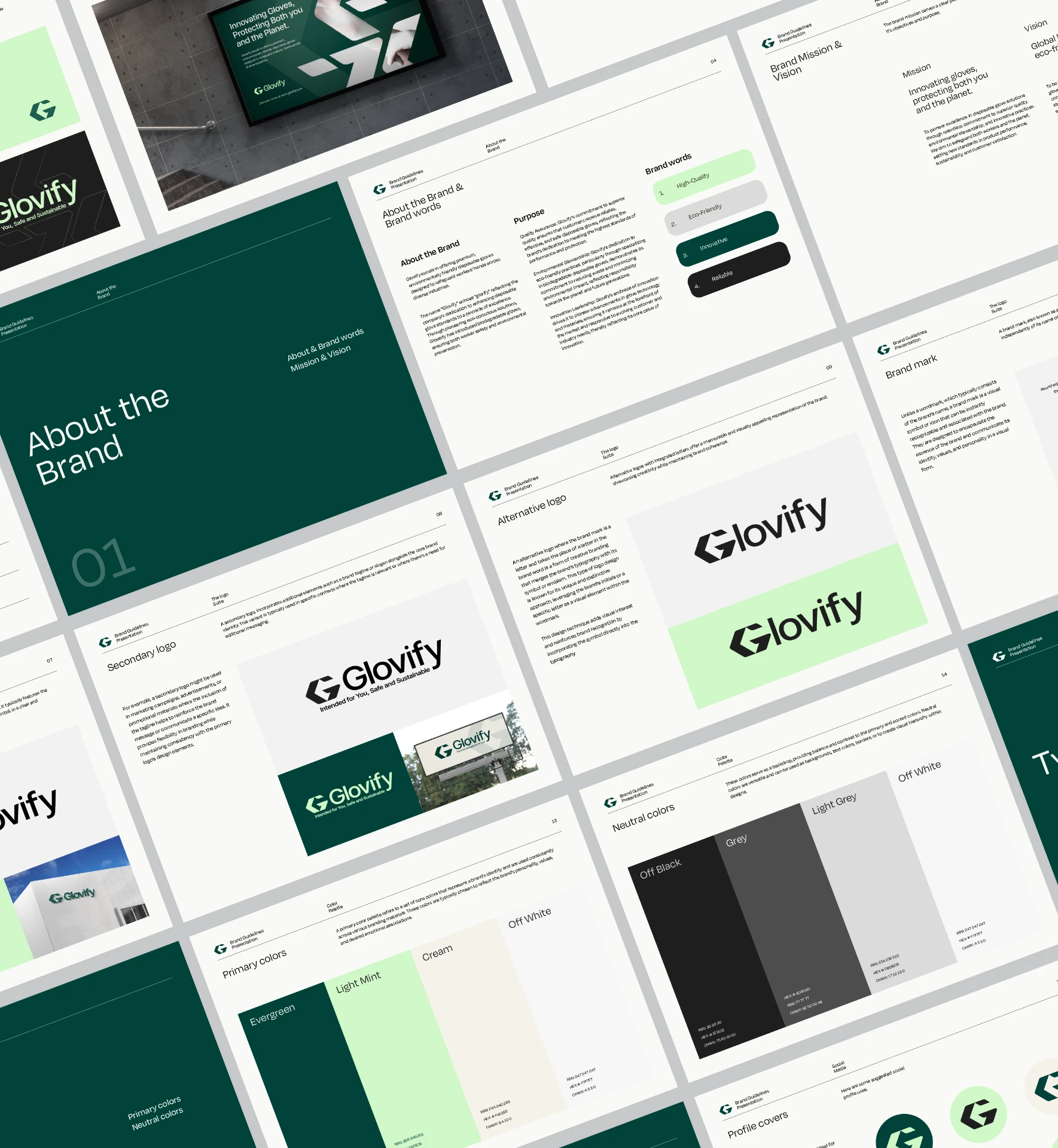 Brand guidelines deck showing mission, logo variations and colour palette