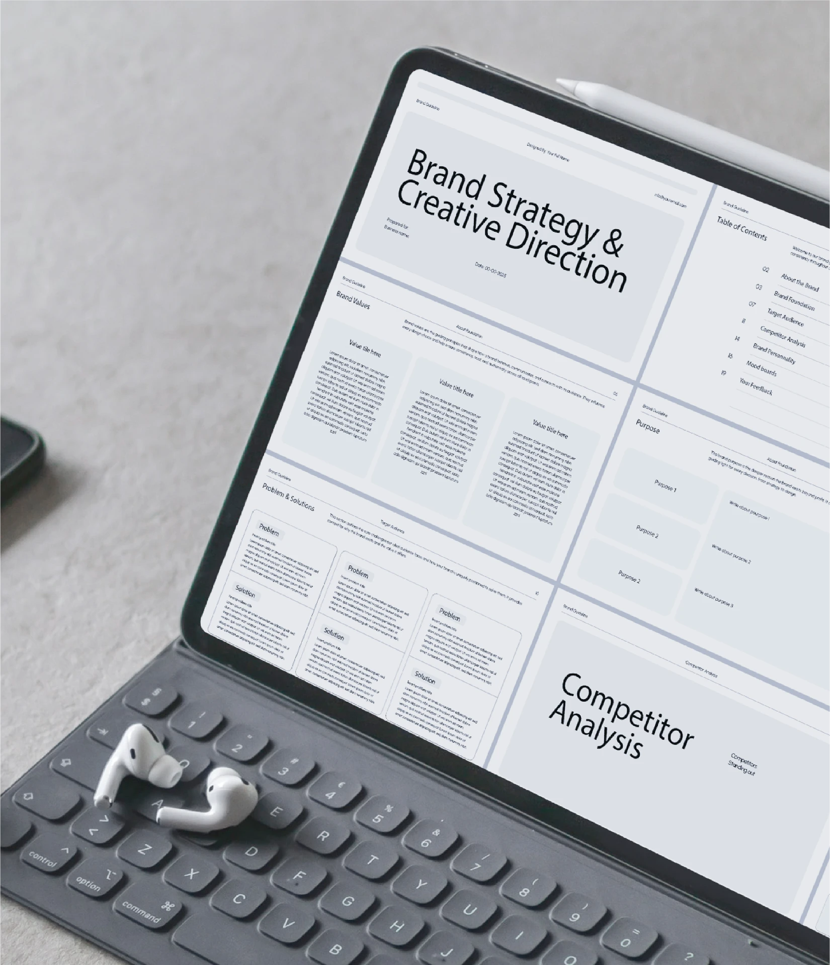 Brand strategy presentation open to values, audience and competitor analysis