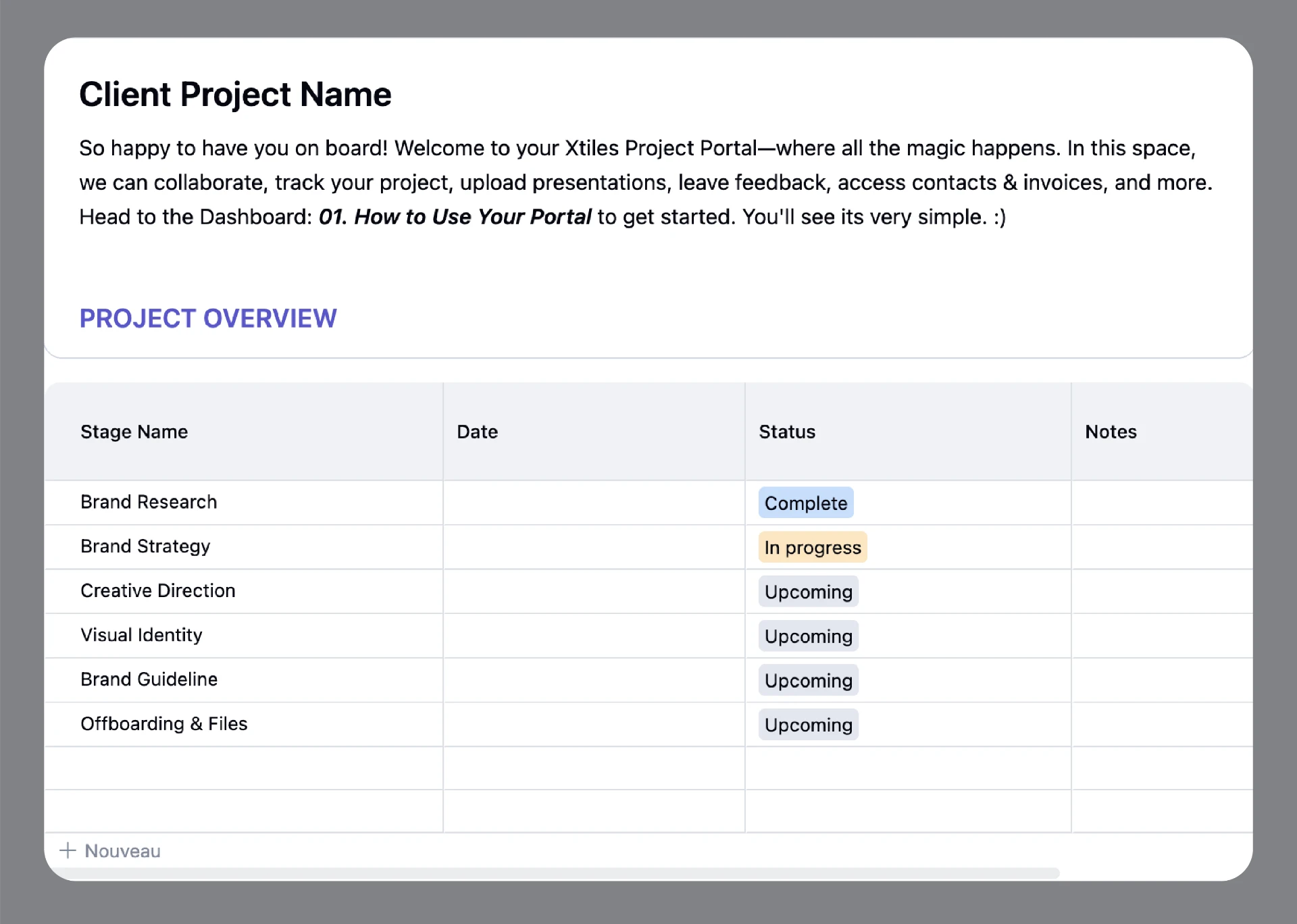 Welcome screen and project overview table of the Xtiles client portal