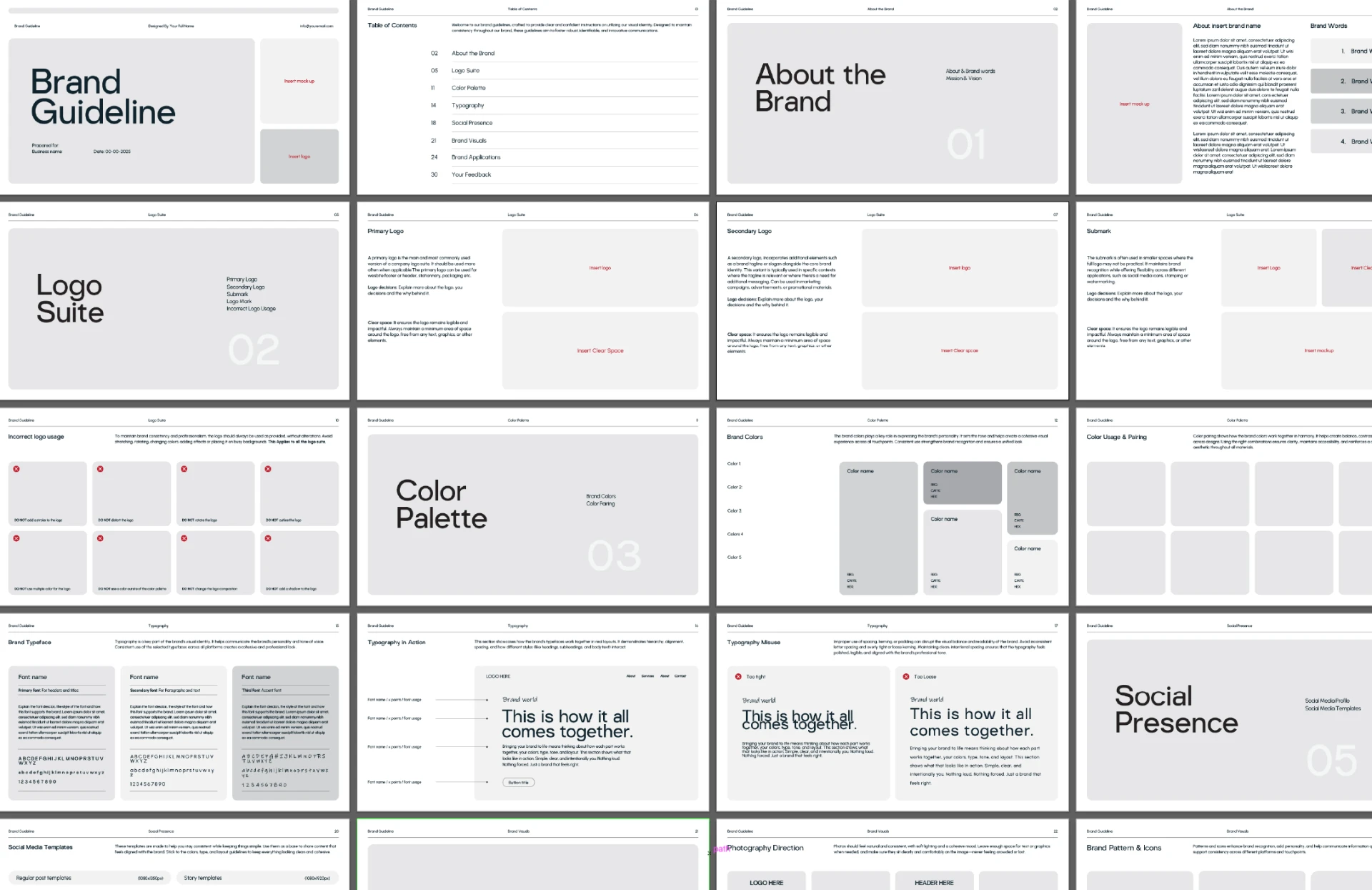 Brand guideline template board with logo suite, colour palette and typography